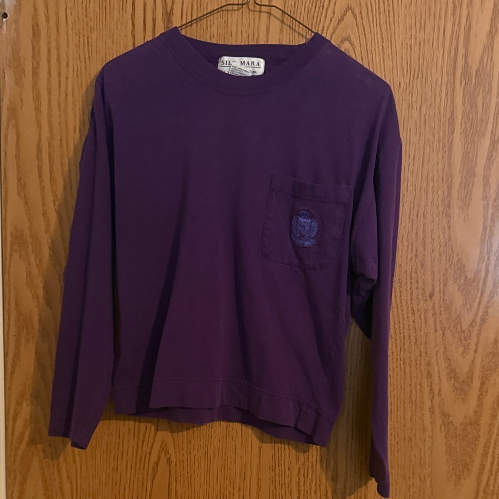Vintage 80s 90s Sils Mara Long Sleeve Embroidered Monogram Purple Shirt Tee Sz M